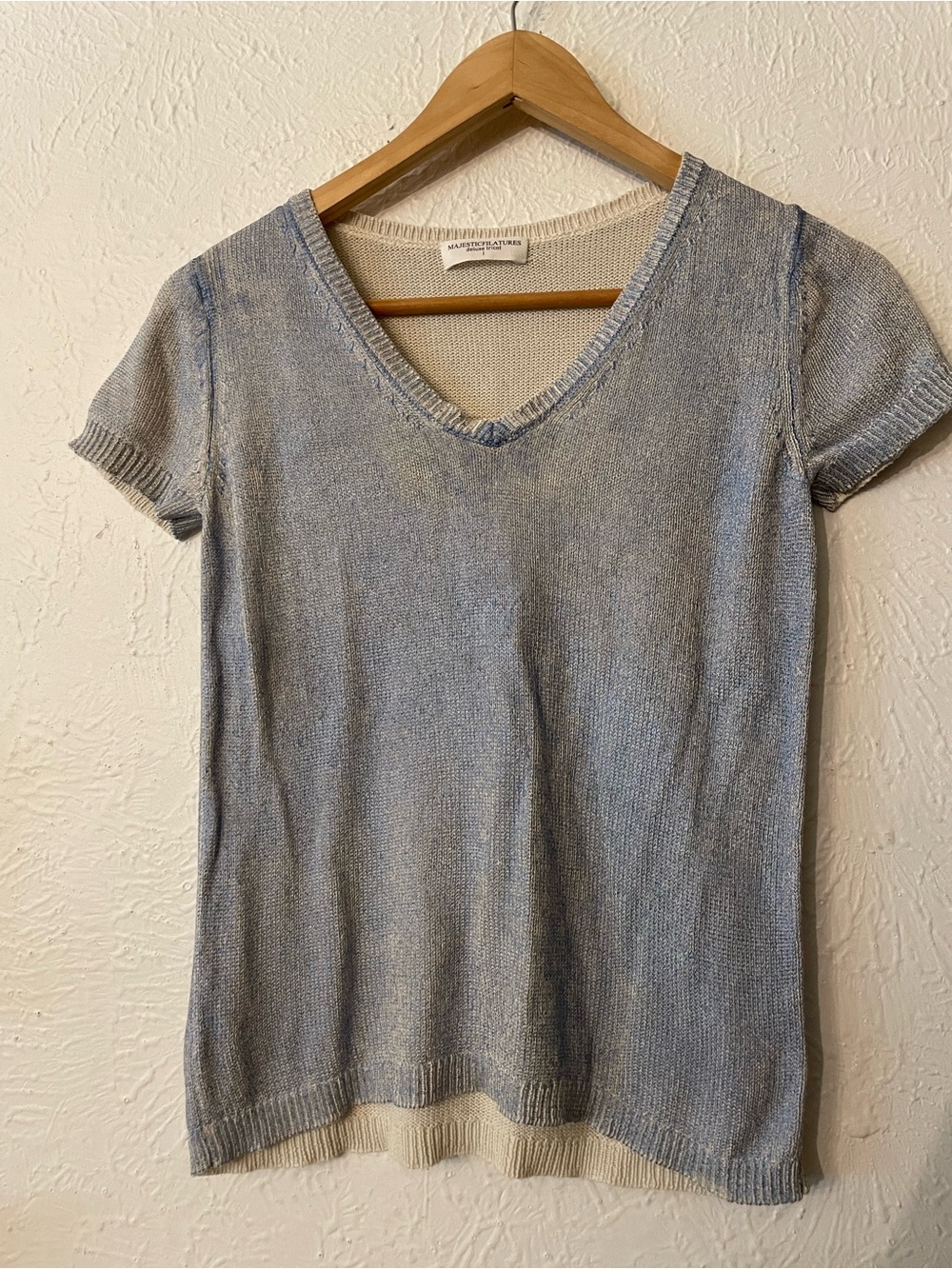 Majestic Filatures Deluxe Tricot short sleeve Blue V-Neck Knit Top